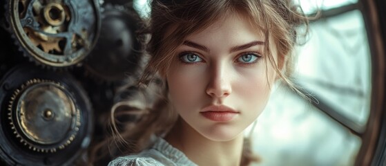 a striking portrait of a young woman with piercing blue eyes, set against intricate clockwork, symbo
