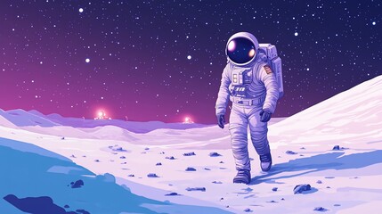 Wall Mural - A lone astronaut walks on a celestial landscape under a starry night sky with distant structures