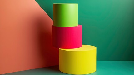 Poster - Three vibrant cylinders stacked against a coral and teal background.