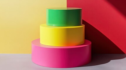 Poster - Three colorful cylindrical platforms stacked, against yellow and red background.