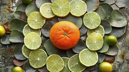 Wall Mural -   An orange atop green leaves and stones, encircled by lemons and limes