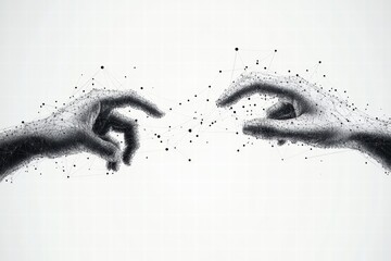 Poster - Silhouettes of hands creating connections with lines and dots in a digital representation of interaction and communication. Generative AI