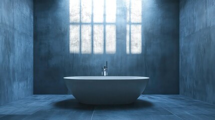 Poster - Modern minimalist bathroom with freestanding bathtub, blue walls, and window light.