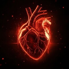 Aufkleber - Heart illustration with glowing veins and arteries in vibrant red against a dark background. Generative AI