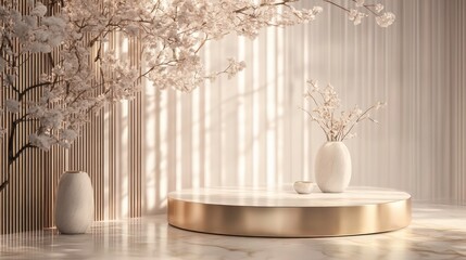 Poster - Elegant minimalist interior with round podium, gold accents, and blossoming branches.