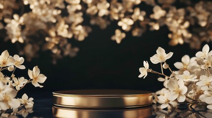 Poster - Gold podium with white flowers on dark background.