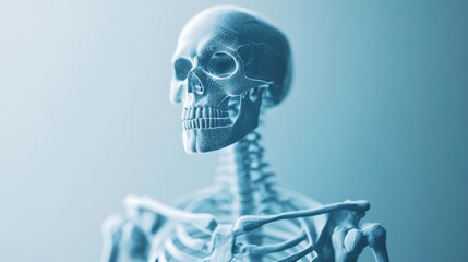 Skeleton model displayed against a soft blue background for educational purposes in a science classroom setting. Generative AI