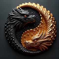 a stylized representation of two dragons intertwined, forming a circular design reminiscent of the yin and yang symbol. One dragon is black with red eyes, while the other is golden w