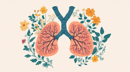 Poster - Artistic illustration of human lungs surrounded by colorful flowers and leaves showcasing the connection between nature and health. Generative AI