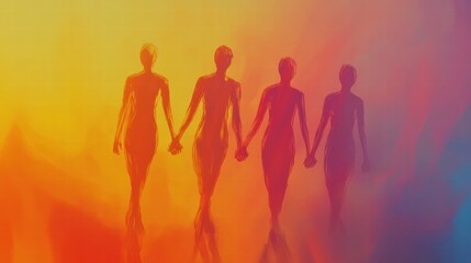 Aufkleber - Silhouettes of four people holding hands against a colorful and abstract background depicting unity and connection. Generative AI