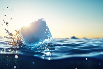 Fototapete - Ice Cube Falling into Ocean Water at Sunset Serene Tranquil Blue Scene
