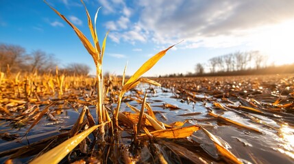 Poster - Golden Meadow Plants in Still Water Sunset Glow