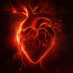 Fototapete - Vibrant red heart surrounded by glowing energy on a dark background. Generative AI