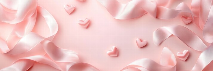 Poster - Decorative arrangement with pink ribbons and heart shaped candies on pastel background for celebration moments. Generative AI