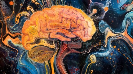 Aufkleber - Abstract brain painting, vibrant colors, fluid art, neural pathways.