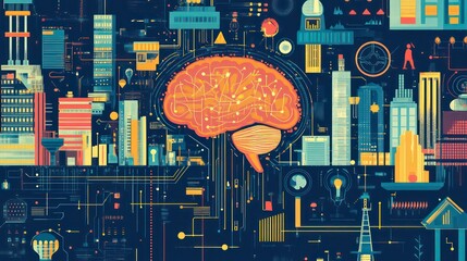 Aufkleber - Abstract illustration of a brain within a complex cityscape, symbolizing technological advancement and interconnectedness.