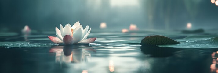 Aufkleber - Beautiful white lotus flower blooming in a serene pond with soft ambient light during twilight hours. Generative AI