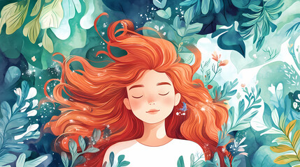 Wall Mural - Girl imagining fairy tales flat design, top view, enchanted forest theme, watercolor, triadic color scheme. Enchanted Fairy Forest. Illustration