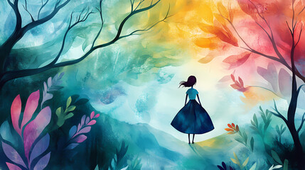 Wall Mural - Girl imagining fairy tales flat design, top view, enchanted forest theme, watercolor, triadic color scheme. Enchanted Fairy Forest. Illustration