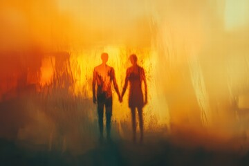 Poster - Silhouettes of people holding hands in an abstract, colorful setting at dusk. Generative AI