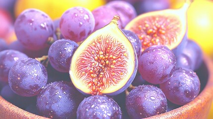 Wall Mural -   A bowl of purple grapes sits atop a table, with a cut-in-half figurine perched on top