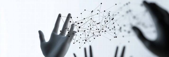 Aufkleber - Hands connecting through lines and dots to symbolize collaboration and innovation in a modern digital landscape. Generative AI