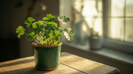 sunlit shamrock plant in a pot by a window. concept of nature, serenity, st. patrick's day celebrati