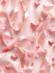 Leinwandbilder - Colorful pink ribbons and heart shapes scattered on a soft fabric background create a festive atmosphere for celebrations. Generative AI