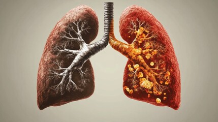 Poster - Detailed anatomical illustration showing healthy and diseased human lungs for educational purposes. Generative AI