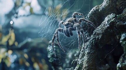 Wall Mural - a close-up of a spider on a tree branch with water droplets on its back and a blurry background
