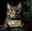 © Seel - A tabby cat holding a sign 'I hate people' with an ironic expression, dramatic indoor setting