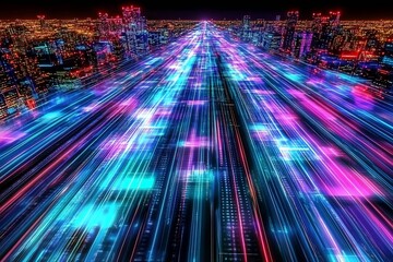 Poster - Futuristic Digital Highway with Neon Lights and Fast Motion Cityscape : Generative AI