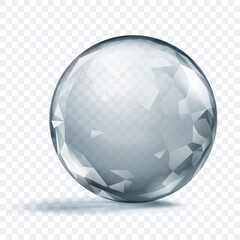 Wall Mural - a gray translucent crystal sphere with faceted surface, with glares and soft shadow, on transparent 