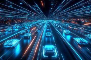 Poster - Futuristic Blue Neon Highway Traffic with Illuminated Light Trails at Night : Generative AI