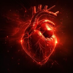 Aufkleber - Heart glowing with energy surrounded by electric sparks and vibrant light effects in a dark environment. Generative AI