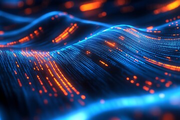Poster - Futuristic Digital Wave with Glowing Blue and Orange Dots : Generative AI