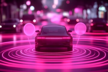 Poster - Autonomous Electric Car in Neon Cityscape with Futuristic Technology and Smart Urban Design : Generative AI