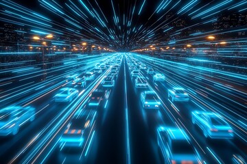 Poster - High Speed Vehicles on Blue Neon Highway in a Futuristic Digital Cityscape : Generative AI