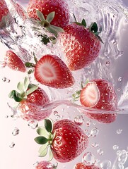Poster - Fresh juicy strawberries with splashing water on a light background : Generative AI