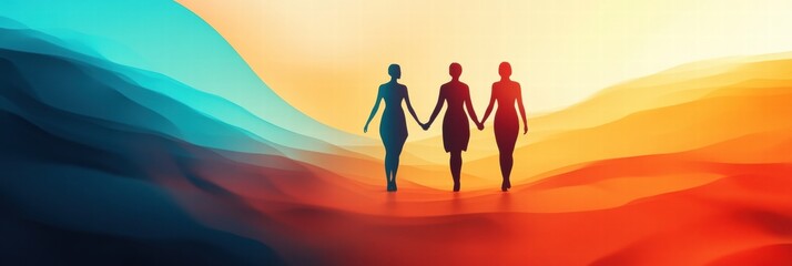 Poster - Silhouettes of people holding hands walking together in an abstract landscape at sunset. Generative AI