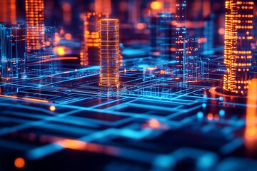 Aufkleber - Abstract Digital City Design with a Matrix of Blue Neon Lines and Urban Accents : Generative AI