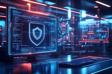 Aufkleber - Cyber Security in Action with Digital Shield Display in a Futuristic Environment : Generative AI