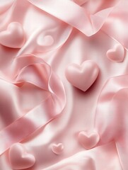 Poster - Soft pink satin fabric with heart shaped decorations and ribbon creates a romantic atmosphere for special occasions. Generative AI