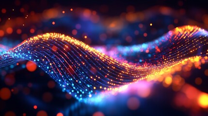 Poster - Colorful Neon Light Waves with Vibrant Abstract Particle Motion Design : Generative AI