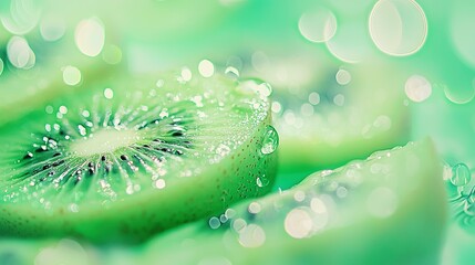 Wall Mural -   A close-up of a sliced kiwi fruit on a green surface, with water droplets on top