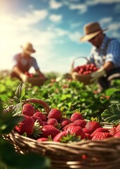 Aufkleber - Closeup of Juicy Strawberries in Basket During Harvest Season on Farm : Generative AI