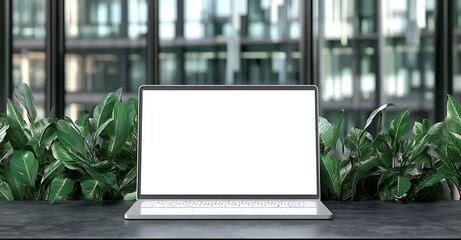 Poster - Modern Workspace with Blank Screen Laptop Surrounded by Greenery : Generative AI