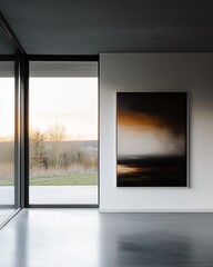 Poster - Contemplative Abstract Painting in Modern Art Gallery Overlooking Natural Landscape : Generative AI
