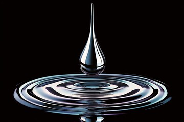 Poster - Silver Water Drop Suspended Above Rippled Surface on Black Background : Generative AI