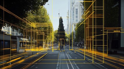 Poster - Futuristic City Street with Virtual Grid Overlay in Urban Environment : Generative AI